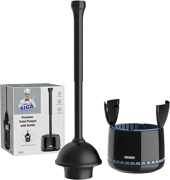 MR.SIGA Toilet Plunger with Holder, Plungers for Bathroom Heavy Duty, Black | Automatic lid design, sturdy long handle, heavy duty toilet plunger and holder set, toilet clog remover