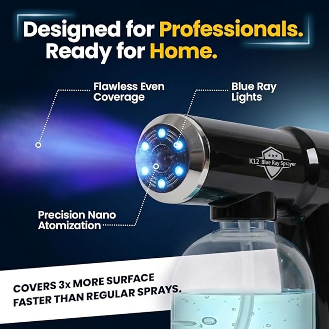 Nano Spray Gun, Cordless Barber Spray Bottle and Mist Atomizer, Black | Continuous Mister for Fades and Hairline Work, 320ml Tank Salon Styling Accessory, Blue Light Nozzle, USB-C, 1 Year Warranty