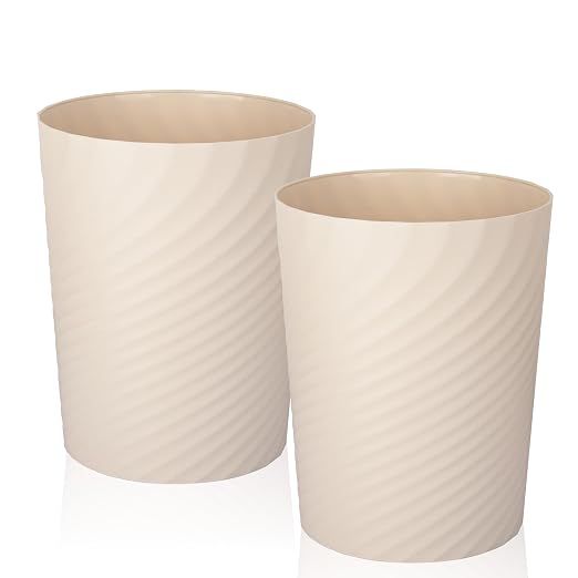 Plastic Small Bathroom Trash Can Wastebasket Garbage Can, Beige, 2 Pack | Sturdy-Easy to Clean, Bathroom, Laundry Room, Kitchen, Office, Kids Room, Dorm, Bedroom, 1.8 Gallon