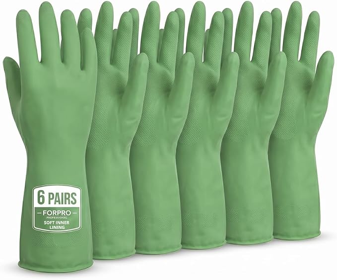ForPro Natural Rubber Gloves, 6 Pairs Reusable Multi-Purpose Household Cleaning Gloves with Soft Inner Lining, Waterproof & Chemical-Resistant, Lime Zest, Small