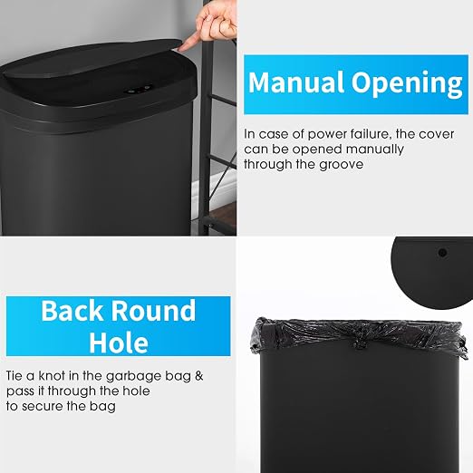 BestOffice | 13 Gallon Plastic Trash Can with Lid | Black | Automatic Touchless Garbage Can | Waterproof & Easy to Clean | For Kitchen, Bathroom, Home or Office | Pack of 1
