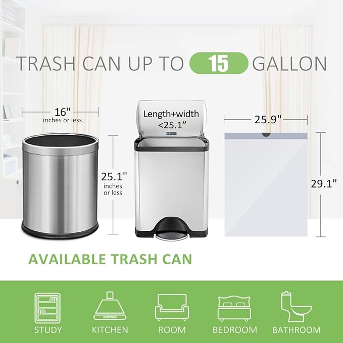 15 Gallon 138 Counts Strong Drawstring Trash Bags Garbage Bags by Teivio, Bathroom Trash Can Bin Liners, Plastic Bags for home office kitchen, White