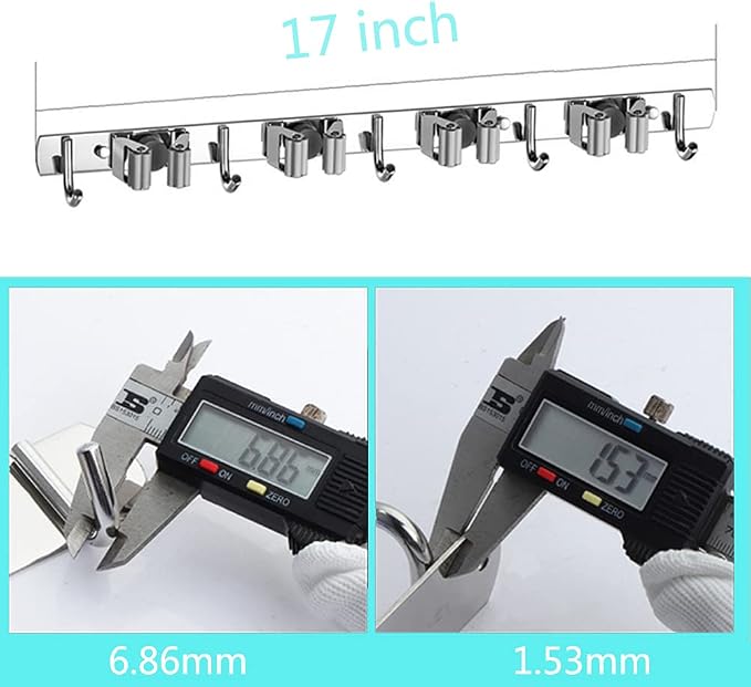 Broom Mop Holder Wall Mount Tool Hanger Organizer (4 Racks 5 Hooks) | Stainless Steel，for Home, Kitchen, Garage, Garden, Laundry Room, Bathroom Organization and Storage