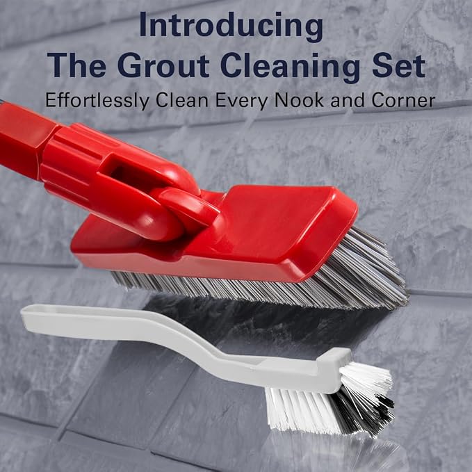 Foxtrot Living Grout Brush with Long Handle and Scrubber, Telescopic | V-shaped, telescopic handle, handheld scrubber included, for tile floors