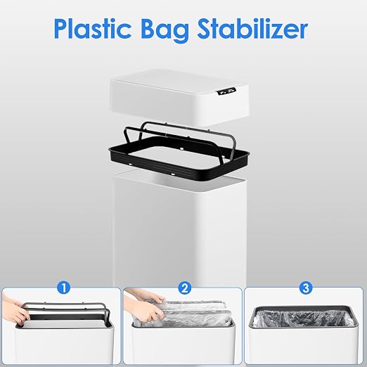 TLSUNNY 16 Gallon Automatic Trash Can, Motion Sensor Garbage bin | Stainless Steel Smart Trash Can W/ Butterfly Lid, Bag Retainer Ring for Living Room, Kitchen, Office (White, 60L)