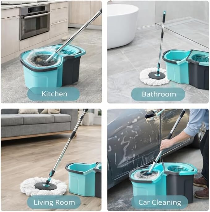 Spin Mop and Bucket System for Floor Cleaning - 360° Rotating Mop with Detachable Bucket - 2 Machine Washable Microfiber Heads - Stainless Steel Handle for Hardwood, Tile, and Laminate