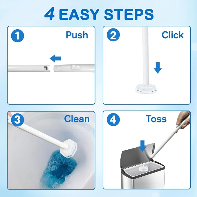 Disposable Toilet Brush and Holder Set, 40 Pre-Filled Refills | 5X Powerful No-Shed Pads, 360° Deep Toilet Bowl Clean, Toilet Bowl Cleaner with Storage Caddy & Adhesive Hooks