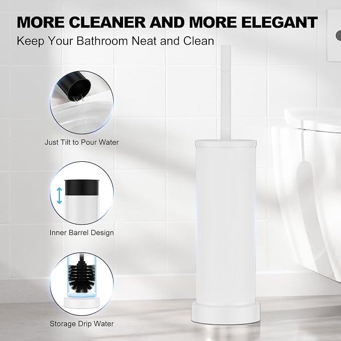 Metal Vertical Grain Toilet Bowl Brush and Holder Set Scrubber White | Extra Long Handle with Splash Guard Cover, Bathroom Space-Saving, Heavy Durable Deep Cleaning, Cleaner Sets for Apartments