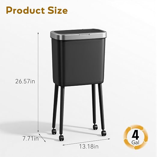 Procade Kitchen Garbage Can with Legs and Wheels,Narrow Rolling Trash Can | 4 Gallon Tall Skinny Wastebasket with Pop-Up Lid,Dog Proof Trash Bin,Black Plastic Garbage Bin for Near Desk,Bathroom,Bedroom