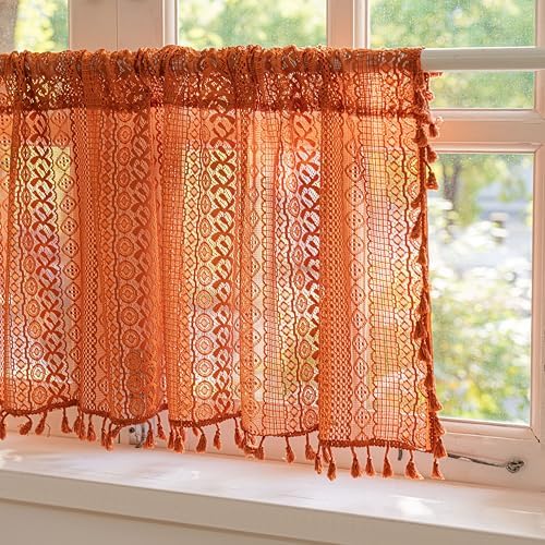 Sutuo Home Terracotta Boho Valance Short Curtains Crochet Lace Sheer Bohemian Hollow Knitted with Tassels, Privacy Vintage Rustic Farmhouse Drapes for Kitchen, Rod Pocket 1 Panel 59" W x 36" L, Orange