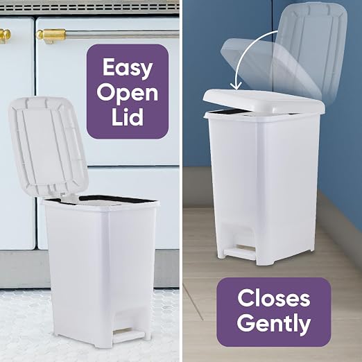 Superio Slim Trash Can with Foot Pedal – 4 Gallon Step-On Dustbin, Small Plastic Garbage Can with Lid, Trash Can for Bathroom, Bedroom, RV, Kitchen, Office, Patio, or Dorm – White Smoke