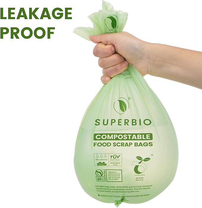 SUPERBIO 2.6 Gallon Flat Top Compostable Food Waste Bags, 100 Ct, 2 Pack | 9.84L, Food Scrap Bags, BPI Certified and OK compost HOME