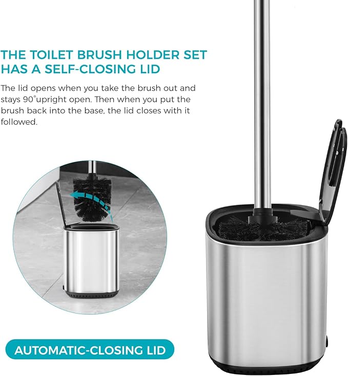 Toilet Brush and Holder Set Toilet Bowl Brush Stainless Steel Automatic Open lid Toilet Bowl Cleaner Brush with Durable Bristle Head Toilet Cleaning Brush for Bathroom