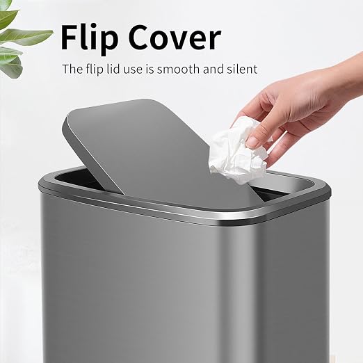 2 Gallon Small Office Bathroom Trash Can with Swing Lid, Living Room Bedroom Garbage can Wastebasket bin, Inner Bucket, Metal Decor Trash Can (Sliver Color)