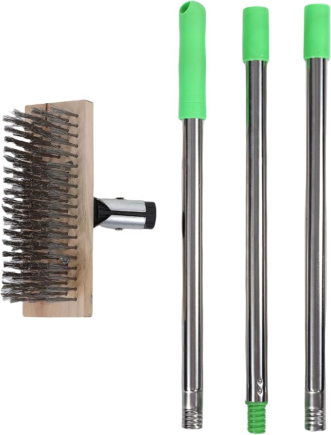 Stainless Steel Deck Scrub Brush with Long Handle - Heavy Duty Floor Scrubber Brush with Pole, Moss Remover Wire Cleaning Brushes for Concrete Floor, Patio, Garden, Garage