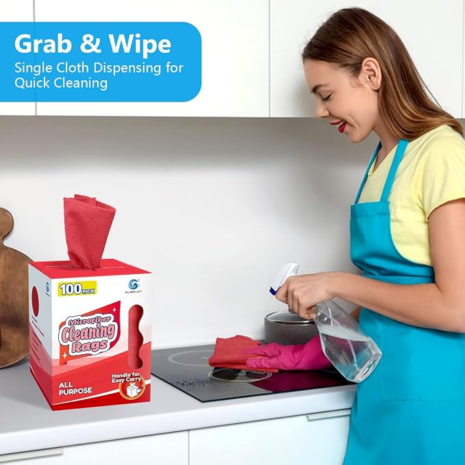 GLIMGLINT Microfiber Cleaning Cloth 100 Pack, Reusable Paper Towels 11 x 9 | Lint Free & Ultra Absorbent Cleaning Rags for Car, Home, Kitchen, Glass & Screen, Washable Shop Towel Rag with Box Red