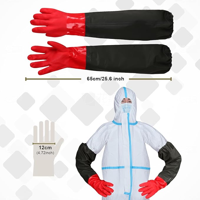 25" Extra-Long Waterproof Gloves with Cotton Liner - Heavy Duty, Aquarium & Pond Cleaning, Seafood Working
