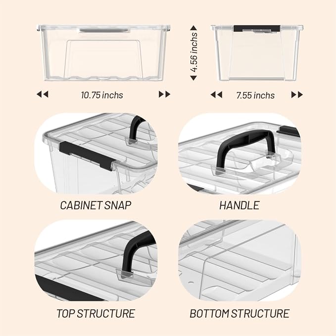 Clear 9-Pack Plastic Storage Bins with Lids, 6 Quart Stackable Containers Organization with Latch Buckle