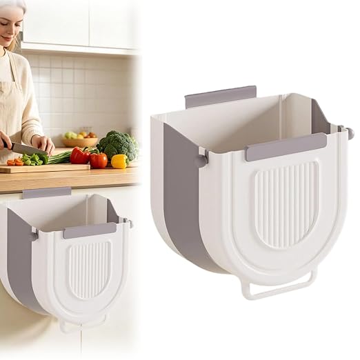 Multipurpose Hanging Collapsible Trash Can for Kitchen, Foldable Waste Bin with Space Saving Design, Wall Mount Cabinet Door Garbage Can for Peels Recycling (Grey, Small)