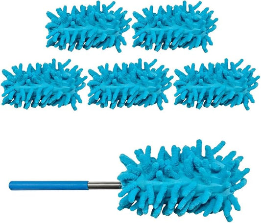 6PCS Microfiber Duster for Cleaning, Washable Chenille Hand Dusters with Extendable Telescoping Pole, Mini Car Interior Dusting Brush Tool for Auto Dash, Home, Office, Blinds(Blue)