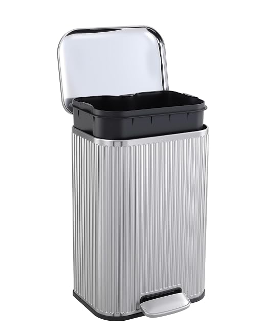 Soft-Close Step Trash Can – Stainless Steel Indoor Recycling Bin, Fluted Rectangular Design, Removable Inner Bucket, Waste Container for Bathroom, Kitchen, Office
