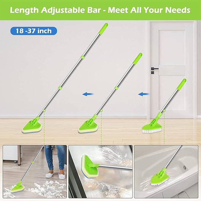 Shower Cleaning Brush with Long Handle, 3 in 1 Tub Tile Scrubber Brush, Adjustable Extendable Multifunctional 180° Rotatable Triangle Cleaning Mop for Cleaning Bathroom Bathtub Floor