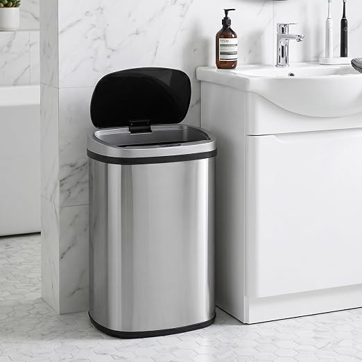 BLKMTY 13 Gallon Trash Can, Stainless Steel Garbage Can with Lid, Sliver | 50 Liters Kitchen Trash Bin, Touchfree Motion Sensor Garbage Bin, Tall Automatic, For Home Office Bathroom