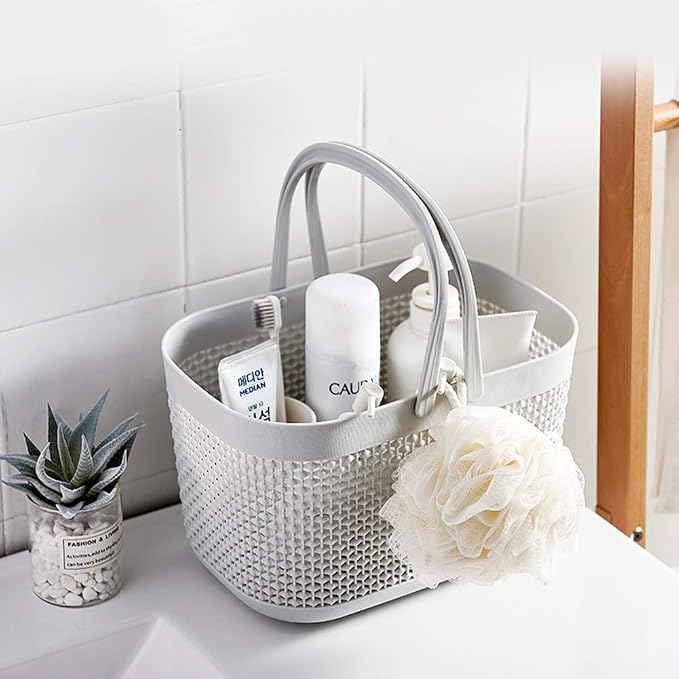Plastic Portable Shower Caddy Basket, Storage Organizer with Handle, Grey | Bottom Drain Holes, Keep Dry, Sturdy and Durable, Easy to Carry for Bathroom, Kitchen, Dorm Room, RV, College