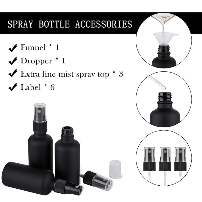 2oz Frosted Black Glass Spray Bottles for Essential Oils, Set of 3 | Small, Travel, Mini, Empty, Fine Mist, for Facial, Cosmetic, Perfume, Hair Care, Room, Refillable, Leakproof, UV protection
