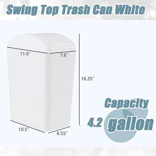 4.2 Gallon Swing Top Trash Can, Slim Plastic Wastebasket | Space-Saving Narrow Bin for Bathroom, Kitchen, Office, Easy Swing Lid, White, Lightweight and Easy to Clean