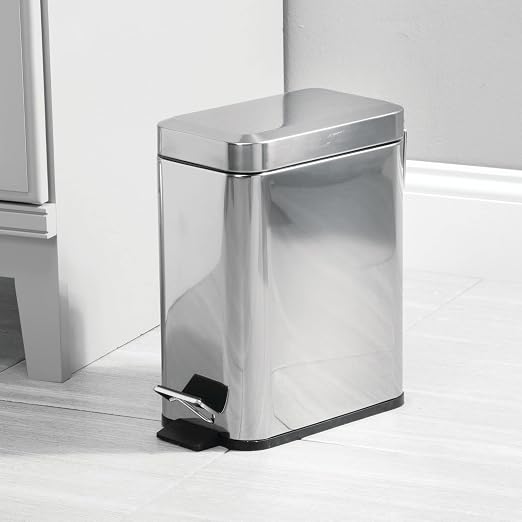 mDesign Small Modern 1.3 Gallon Rectangle Metal Lidded Step Trash Can, Compact Garbage Bin with Removable Liner Bucket and Handle for Bathroom, Kitchen, Craft Room, Office, Garage - Chrome