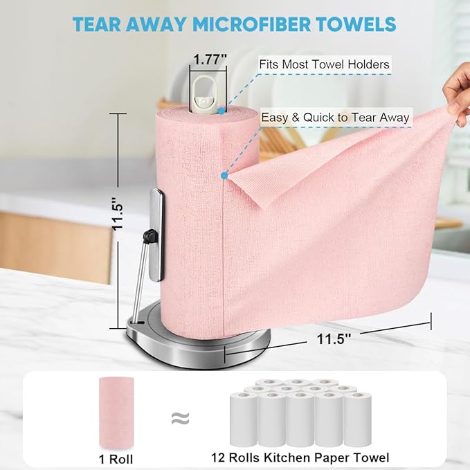 AIDEA Microfiber Cleaning Cloth Roll-50PK, Cleaning Rags 11.5"×11.5", Pink | Tear Away Reusable Paper Towels, Shop Rags, Microfiber Towels for Cars, Lint Free Cloth for Home, Kitchen, Garage Shop