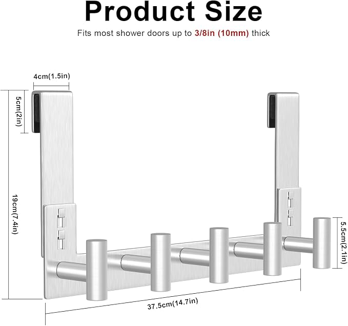 PMMASTO 7.5 Inch Hanger for 3/8 Inch Glass, Silver- 5 Hooks, T Shape | Stainless Steel Hooks Organize Towels And Robes on Frameless Glass Shower Doors in Bathrooms