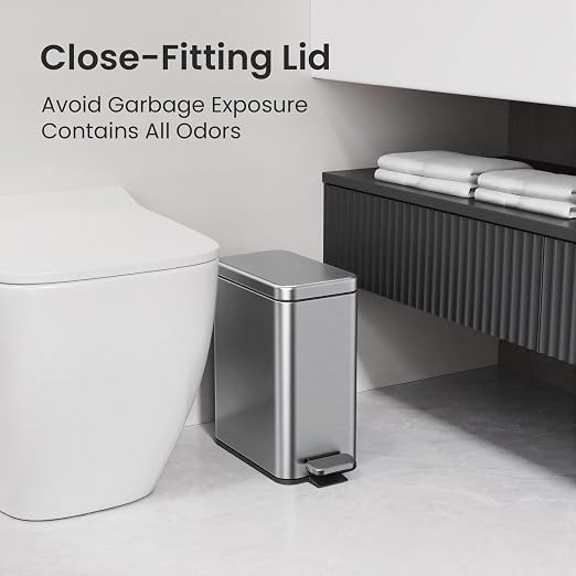 Cesun 2.6 Gallons Small Bathroom Trash Can with Lid Soft Close, Silver | Removable Inner Bucket, Small Stainless Steel Garbage Can for Bedroom/Office, Hands-Free Step Pedal, Fingerprint-Resistant