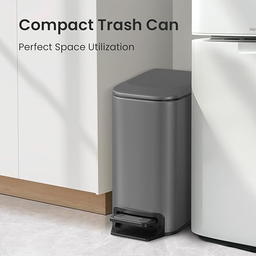 Cesun Small Bathroom Trash Can with Lid, 1.6 Gal, Soft Close, Gray | Step pedal soft close, Slim 5.9in fits narrow spaces, Stainless steel, Anti-fingerprint, Removable inner bucket, Odor seal