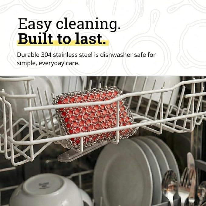 Lodge Chainmail Scrubbing Pad, Stainless Steel, Red | Heavy Duty Stainless Steel Cast Iron Scrubber with Silicone Grip, Reusable Cleaning Pad for Cookware & Kitchen