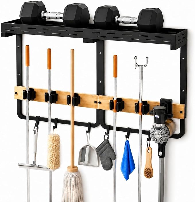 Broom Holder Wall Mount, Mop Organizer With Shelf And Vacuum Holder