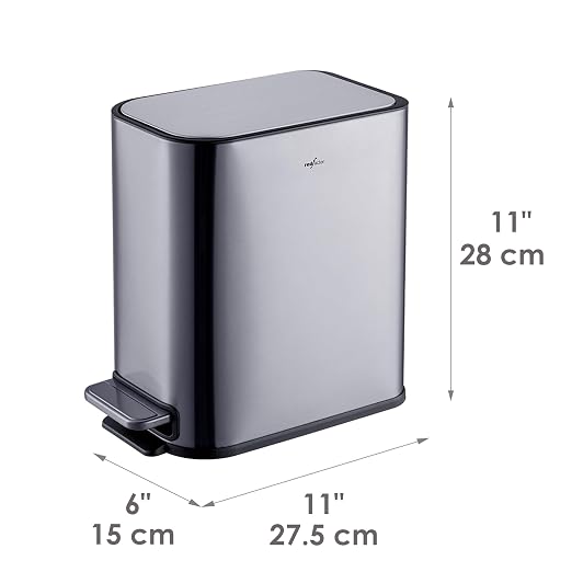 RED FACTOR Slim 1.3 Gallon Stainless Steel Pedal Trash Can with Soft Close Lid for Narrow Spaces – Small Wastebasket Bin with Removable Inner Bucket (Metallic Grey)