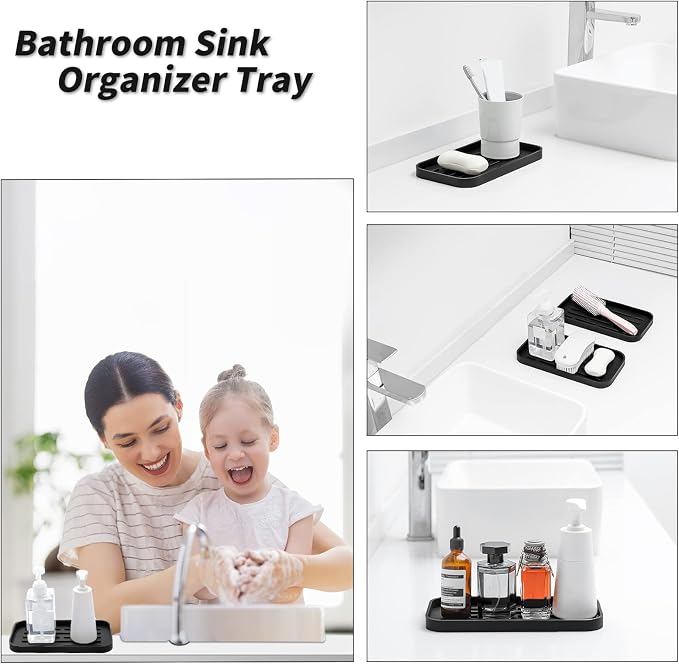 MicoYang Silicone Kitchen Sink Organizer Tray for Multiple Usage,Eco-Friendly Sponges Holder for Kitchen Bathroom Counter or Sink,Dish Soap Dispenser,Scrubber,Bottle,Cup (Black, 10"×5.3")