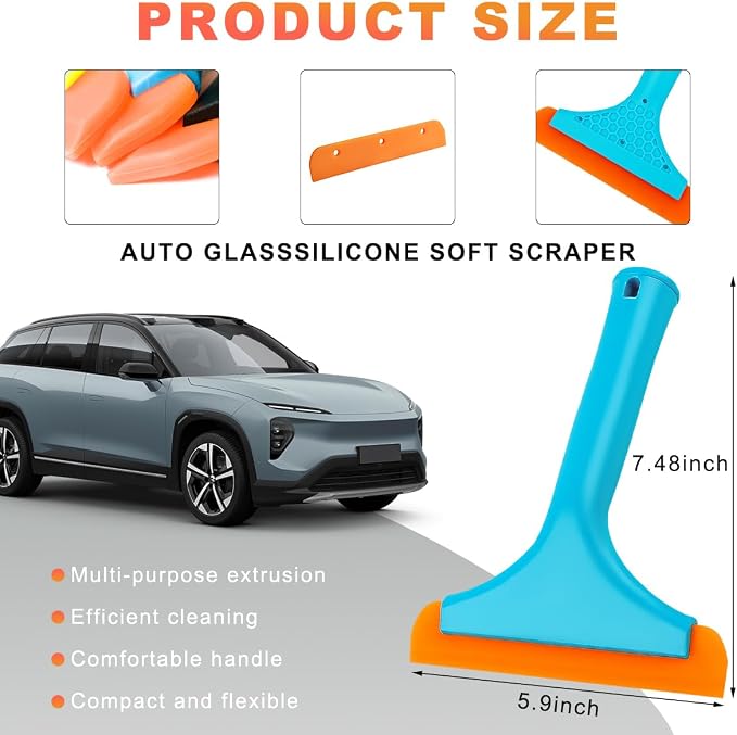 KVAEY Small Silicone Window Squeegee, 5.9 Inch Car Windshield Water Blade Squeegee with Non-Slip Handle, All-Purpose Cleaning Squeegee for Car Windshield, Window, Mirror (Blue)