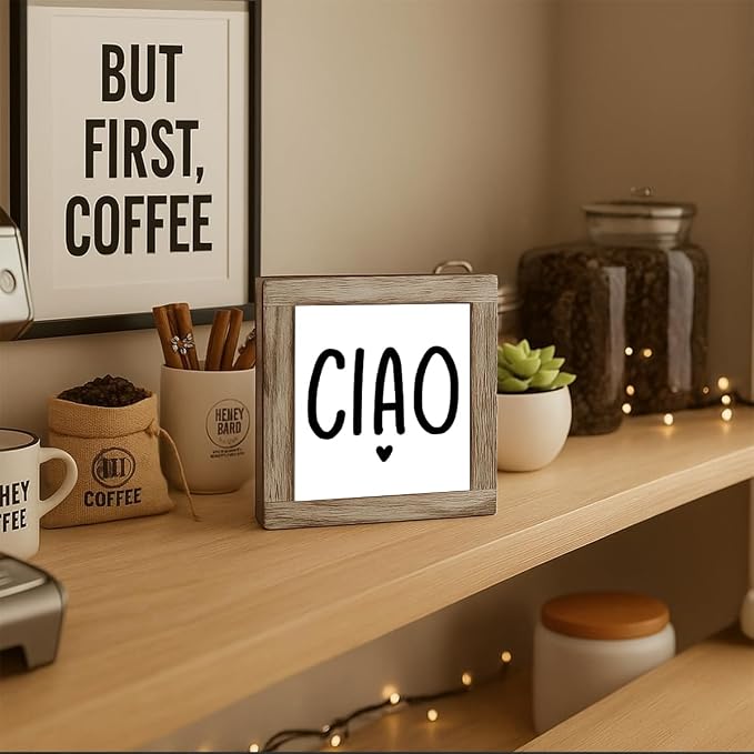 Italian Hello Wooden Box Sign, Ciao Wood Plaque Decor, Welcome Sign for Entrance, Rustic Wooden Table Top Decor, Freestanding Welcome Decorative Signs 5.9x5.9 Inches