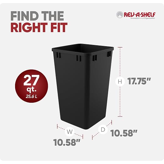 Rev-A-Shelf 27 qt Polymer Replacement Waste Container for Rev-A-Shelf Pullouts, Kitchen Cabinet Trash Can Recycle Bin, RV-1024-18-2, Black (2-Pack)