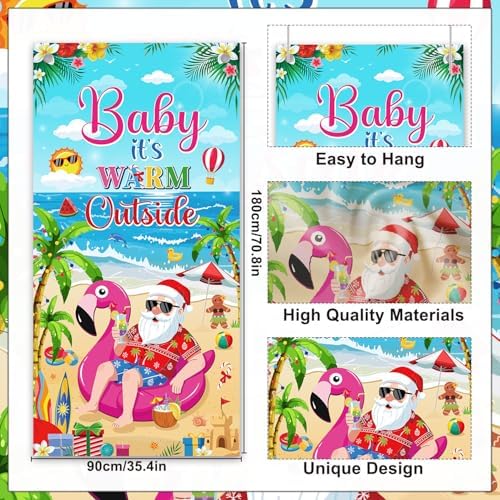 Tropical Christmas Party Decorations - Baby It's Warm Outside Door Cover Decor, Summer Santa in July Large Front Door Backdrop Banner Supplies Decor for Home Office, 3x6 Ft