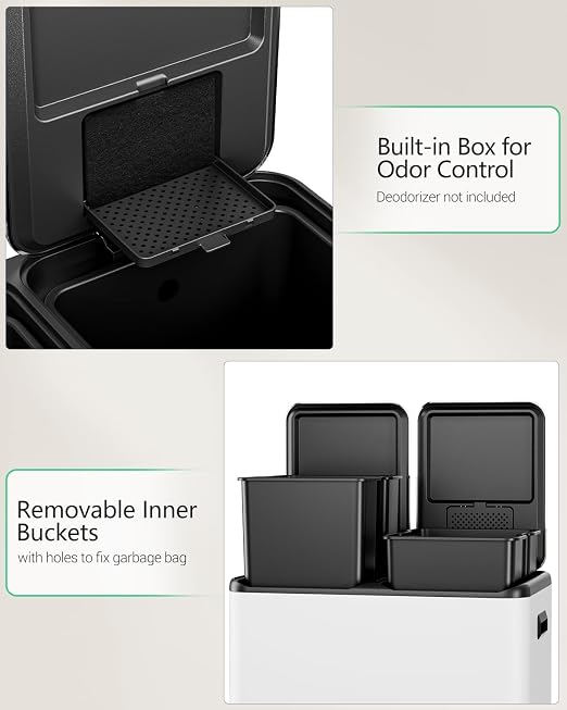 TLSUNNY 2 X 8 Gallon Double Compartments Kitchen Trash Can, Stainless Steel | Dual Trash and Recycling Bins with Odor Control, Soft-Close Lid, Removable Inner Bucket, Handle, Pedal, for Home, White