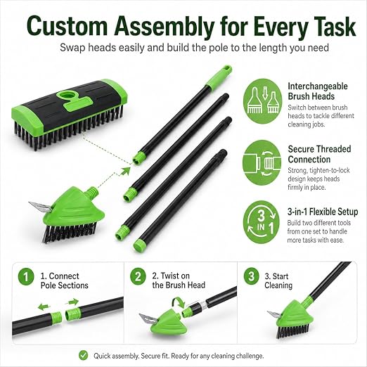3-in-1 Versatile Weed Brush Combo Set, Long Handle Deck Scrubber (Green) | Metal Weeding Hook | Patio, Driveway & Concrete Crevice Cleaner | Removes Moss & Rust Stains | Outdoor Yard Tool