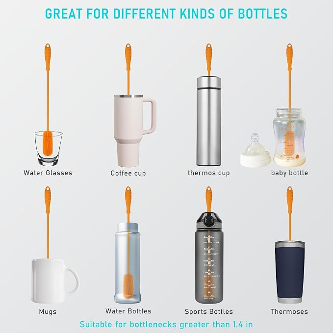 Silicone Bottle Brush, 15.7" Water Bottle Cleaner Brush, Orange | Water Bottle Cleaner for Baby Bottles, Hydro Flask, Sports Bottle, Vase, Glassware, for Smaller Diameter Bottle Openings