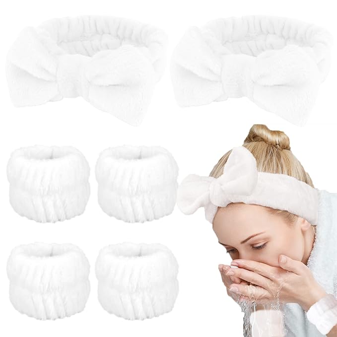 WHAVEL 6PCS Spa Headband and Wristbands Set, Face Wash Headband Wrist Bands for Washing Face Makeup Skincare Hair Band Skin Care Accessories Tools