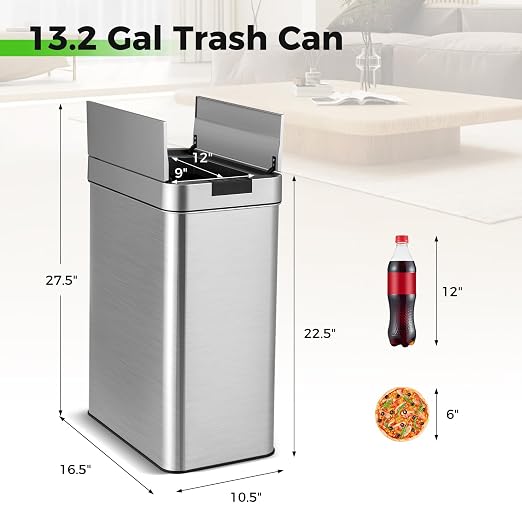 S AFSTAR Motion Sensor Trash Can, 13.2 Gal Slim Kitchen Trash Can with Wing Lids, Infrared Automatic Touchless Waste Bin Stainless Steel Trash Bin for Narrow Space Bathroom Bedroom