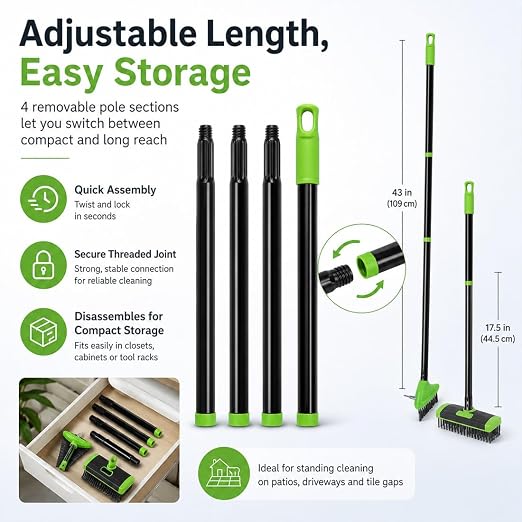 3-in-1 Versatile Weed Brush Combo Set, Long Handle Deck Scrubber (Green) | Metal Weeding Hook | Patio, Driveway & Concrete Crevice Cleaner | Removes Moss & Rust Stains | Outdoor Yard Tool