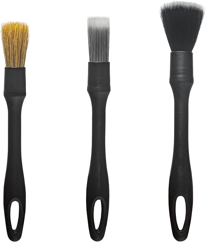 Detailing Brush Set, 3Pack Car Detailing Brushes for Dashboard Engine Bay Air Vents Leather Seat Wheel Vehicle Motorcycle Boars Hair Interior Detail Brush with Conversion Elbow, Black